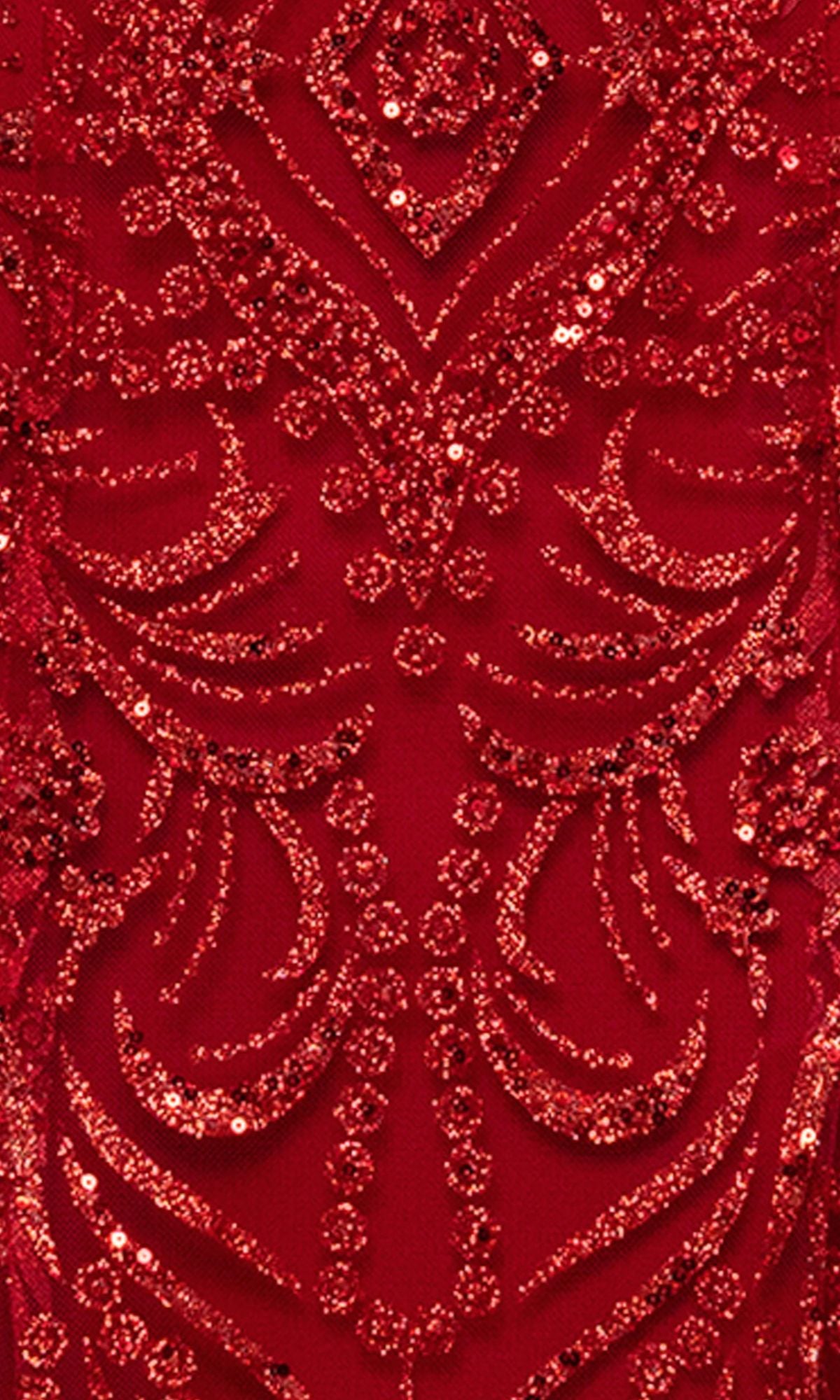 Close-up of red fabric from the Long Prom Dress: Blondie Nites 6177BN, showcasing an intricate pattern of sequins and beads arranged in symmetrical, decorative designs reminiscent of a glitter-mesh prom gown.
